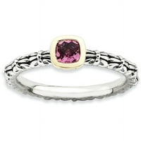 Sterling ezüst Checker vágott rózsaszín turmalin és karátos arany gyűrű