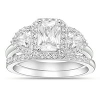 Sterling Ezüst Smaragd Vágott Szimulált Gyémánt Menyasszonyi Szett Gyűrűk