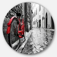Designart Retro Vintage Red Bike 'Cityscape Photo Circle Metal Wall Art