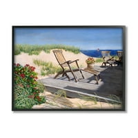 Stupell Industries pihentető vízparti Boardwalk strand székek nyári jelenet festés fekete keretes művészet nyomtatás fal művészet,