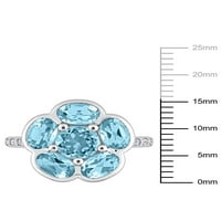 3- Carat T.G.W. Égkék topaz és gyémánt-akcentus ezüst virággyűrű