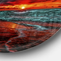 Designart 'vörös naplemente a Blue Waters felett' Ultra élénk Seascape Metal Circle Wall Art