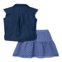 Kensie Girls Tie Fülkambray Top és csipke szemcsepp szoknya, 2 darabos ruhakészlet, Méretek 4-12