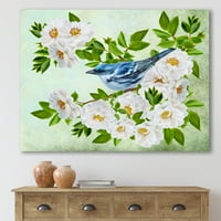 Designart 'Kis kék madár ülve a fehér rózsa növény ágán' hagyományos vászon fali művészet nyomtatás