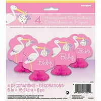 Rózsaszín gólya baba zuhany mini méhsejt dekorációk, 4pk