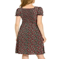 Női cseresznye nyomtatási smock fodros rövid ujjú A-line ruha fekete xl