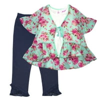 Virágos clipdot fodros kimono, csipke teteje és kötött farmer lábging, 3 darabos ruhakészlet